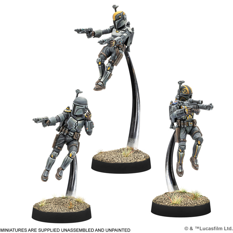Load image into Gallery viewer, Star Wars: Legion - Clan Wren Mandalorians - view of miniatures of Mandalorian characters. Note states miniatures are supplied unassembled and unpainted.
