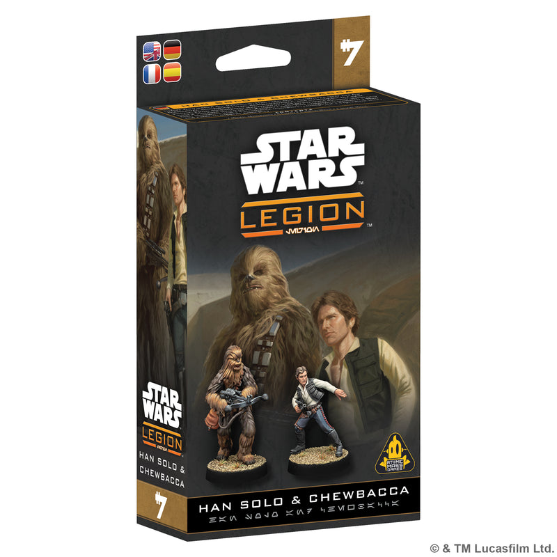 Load image into Gallery viewer, Star Wars: Legion - Scoundrel Han &amp; Chewie - Front of packaging featuring art of Han Solo and Chewbacca and images of Han Solo and Chewbacca miniatures.
