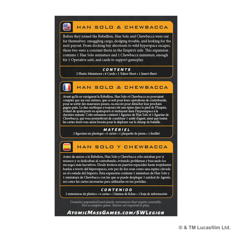 Load image into Gallery viewer, Star Wars: Legion - Scoundrel Han &amp; Chewie - Back of packaging with overview and contents list in English, French, and Spanish. 
