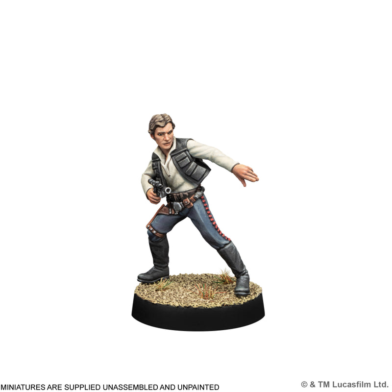 Load image into Gallery viewer, Star Wars: Legion - Scoundrel Han &amp; Chewie - Painted Han Solo miniature displayed with note that miniatures are supplied unassembled and unpainted. 
