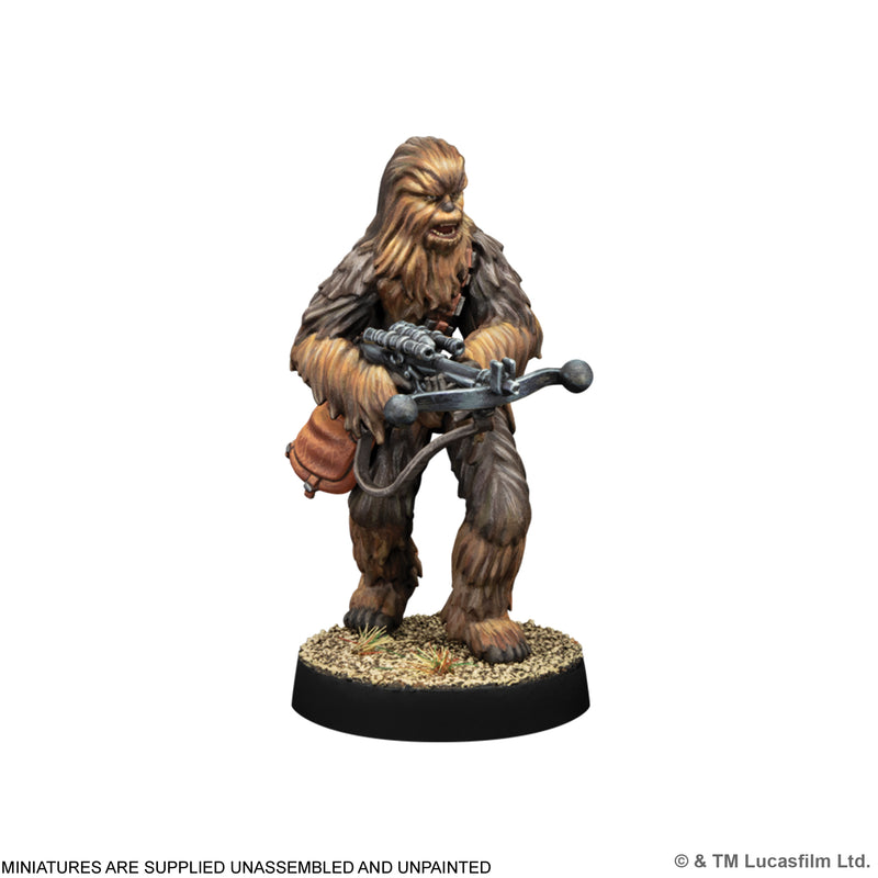 Load image into Gallery viewer, Star Wars: Legion - Scoundrel Han &amp; Chewie - Painted Chewbacca miniature displayed with note that miniatures are supplied unassembled and unpainted. 
