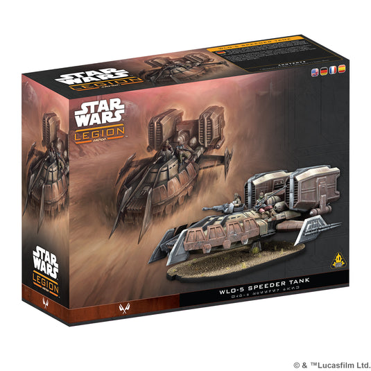 Star Wars Legion WLG-5 Speeder Tank packaging featuring two images of the WLO-5 Speeder tank on a white background