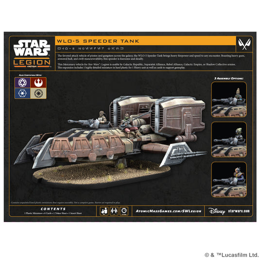 Star Wars Legion WLO-5 Speeder Tank model kit packaging with branding and product details.