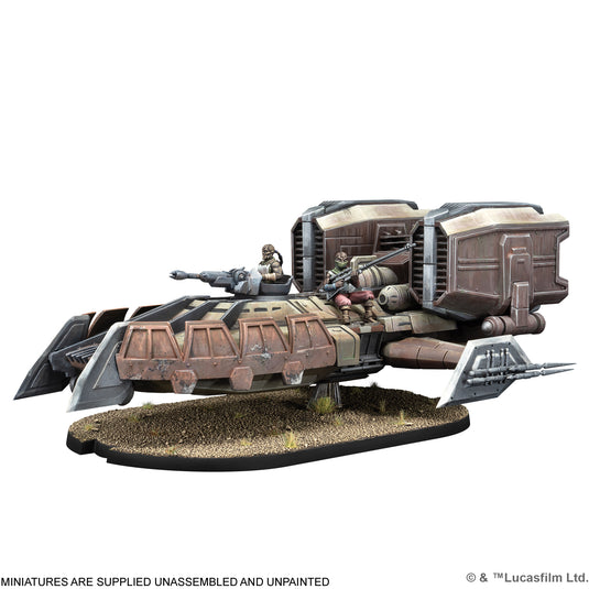 Star Wars Legion WLG-5 Speeder Tank miniature on a white background with text indicating it is supplied unassembled and unpainted.