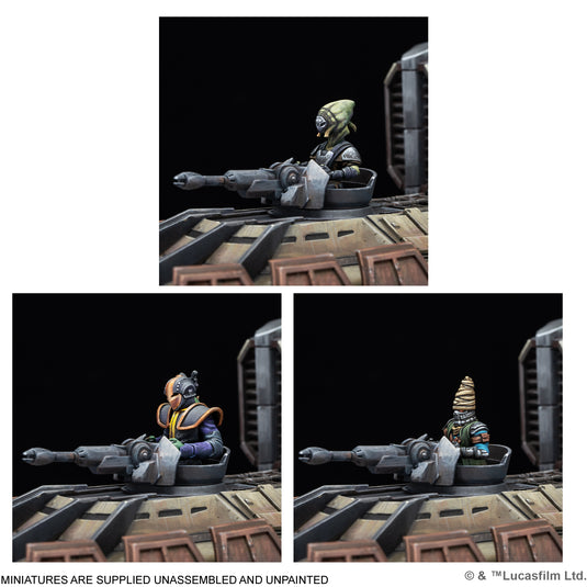 Three views of a miniature figure on a detailed base with a black background. Text states miniatures are supplied unassembled and unpainted.