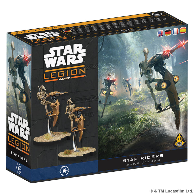 Load image into Gallery viewer, Star Wars: Legion – STAP Riders - Front of packaging featuring art of STAP Riders and images of STAP Riders miniatures. 
