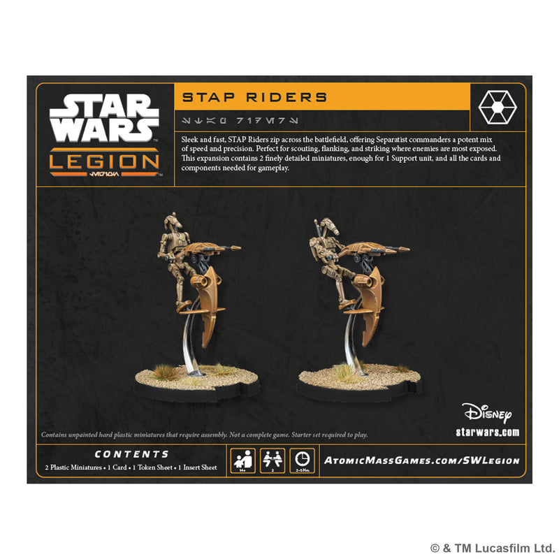 Load image into Gallery viewer, Star Wars: Legion – STAP Riders - Back of packaging with game overview, contents list, and images of two STAP Riders miniatures. 
