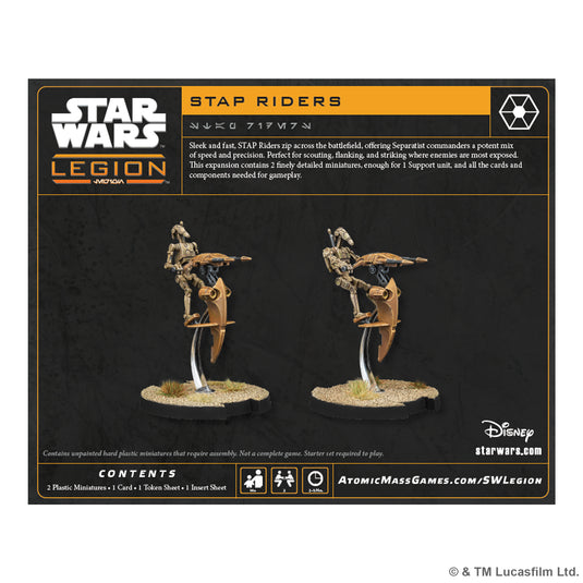 Star Wars: Legion – STAP Riders - Back of packaging with game overview, contents list, and images of two STAP Riders miniatures. 