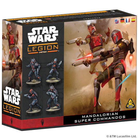 Star Wars: Legion - Mandalorian Super Commandos - front of box featuring art of Mandalorian characters.