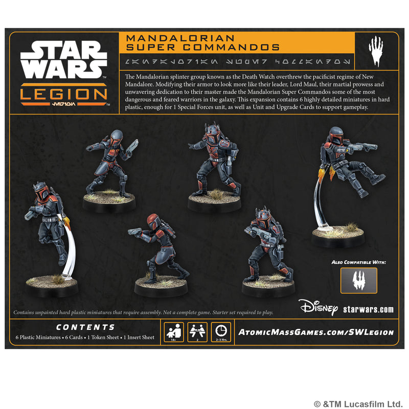 Load image into Gallery viewer, Star Wars: Legion - Mandalorian Super Commandos - back of box with overview, contents list, and images of included miniatures.
