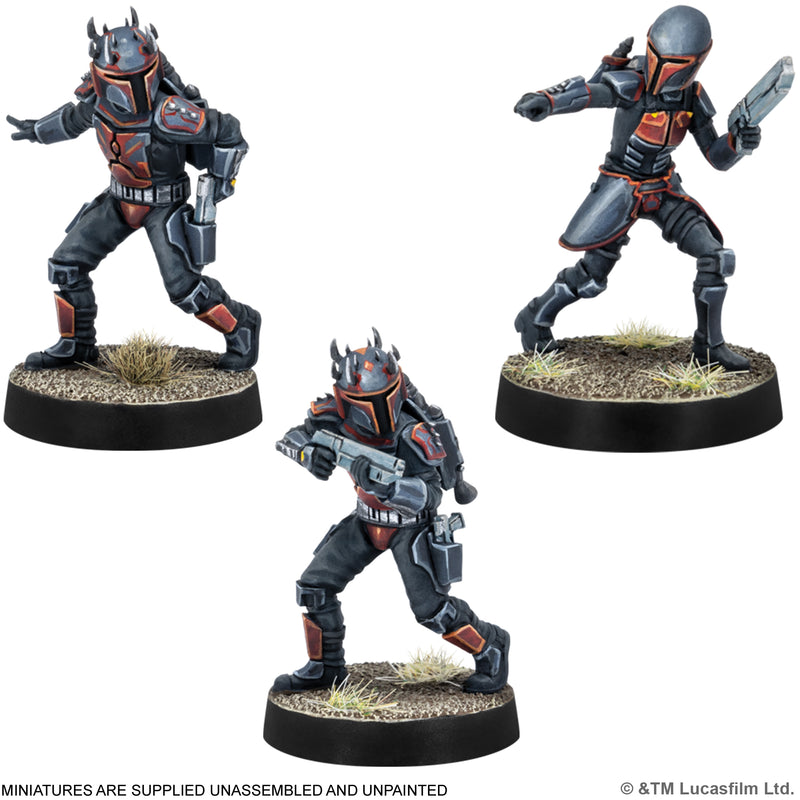 Load image into Gallery viewer, Star Wars: Legion - Mandalorian Super Commandos - view of miniatures of Mandalorian characters. Note states miniatures are supplied unassembled and unpainted.
