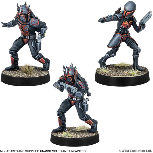 Star Wars: Legion - Mandalorian Super Commandos - view of miniatures of Mandalorian characters. Note states miniatures are supplied unassembled and unpainted.