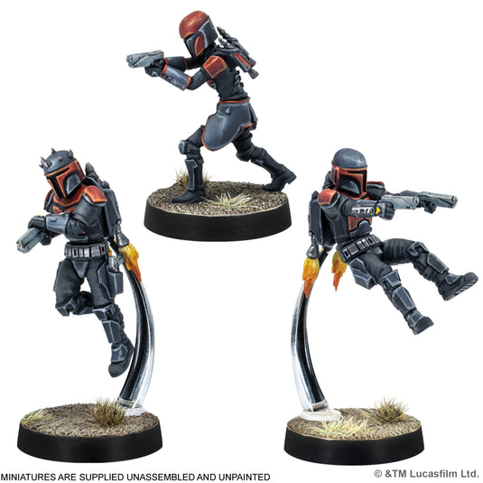 Star Wars: Legion - Mandalorian Super Commandos - view of miniatures of Mandalorian characters. Note states miniatures are supplied unassembled and unpainted.