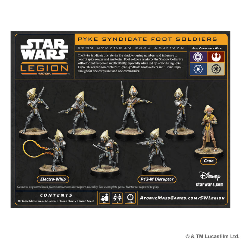 Load image into Gallery viewer, Star Wars: Legion – Pyke Syndicate Foot Soldiers - Back of packaging with game overview, contents list, and images of Pyke Syndicate Foot Soldiers including one holding an Electro-Whip, one holding a P13-M Disrupter, and one Capo. 
