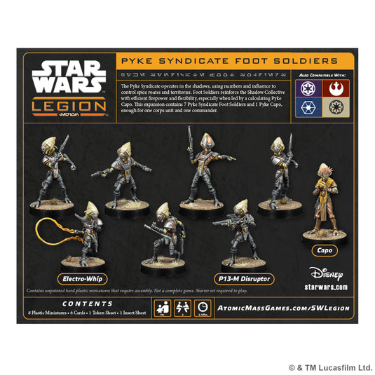 Star Wars: Legion – Pyke Syndicate Foot Soldiers - Back of packaging with game overview, contents list, and images of Pyke Syndicate Foot Soldiers including one holding an Electro-Whip, one holding a P13-M Disrupter, and one Capo. 