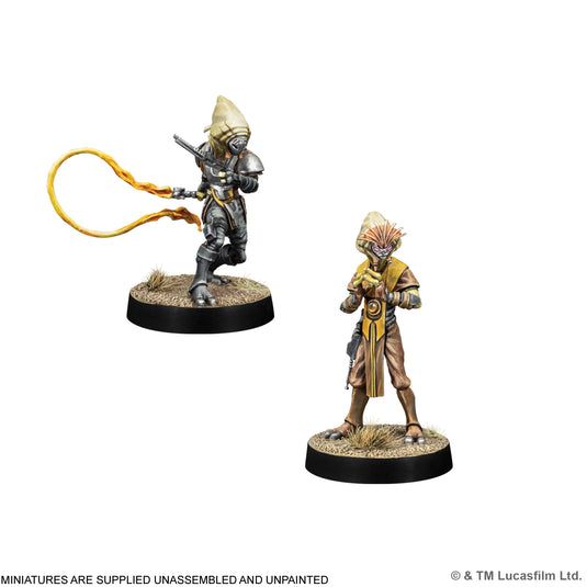 Star Wars: Legion – Pyke Syndicate Foot Soldiers - Pyke Syndicate Foot Soldier Electro Whip miniature and Pyke Cap miniature displayed with note that miniatures are supplied unassembled and unpainted. 
