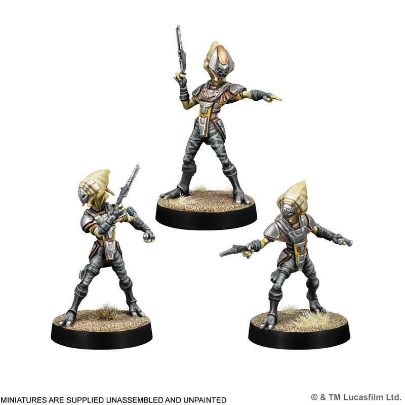 Load image into Gallery viewer, Star Wars: Legion – Pyke Syndicate Foot Soldiers - Three Pyke Syndicate Foot Soldier miniatures displayed with note that miniatures are supplied unassembled and unpainted. 
