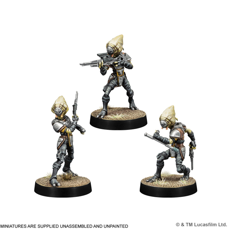 Load image into Gallery viewer, Star Wars: Legion – Pyke Syndicate Foot Soldiers - Three Pyke Syndicate Foot Soldier miniatures displayed with note that miniatures are supplied unassembled and unpainted. 
