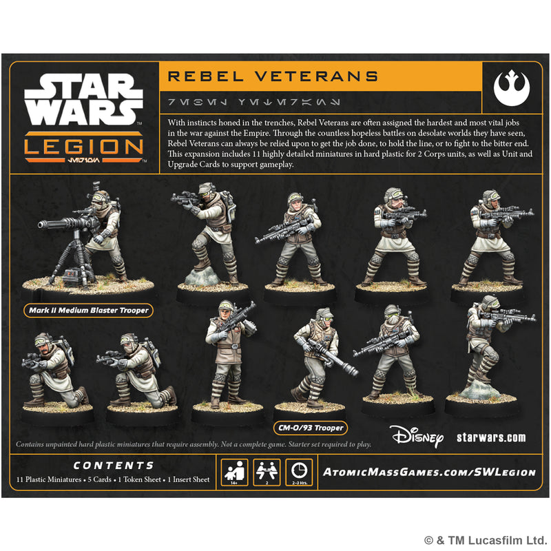 Load image into Gallery viewer, Star Wars: Legion – Rebel Veterans - back of box with overview, contents list, and images of Star Wars miniatures.
