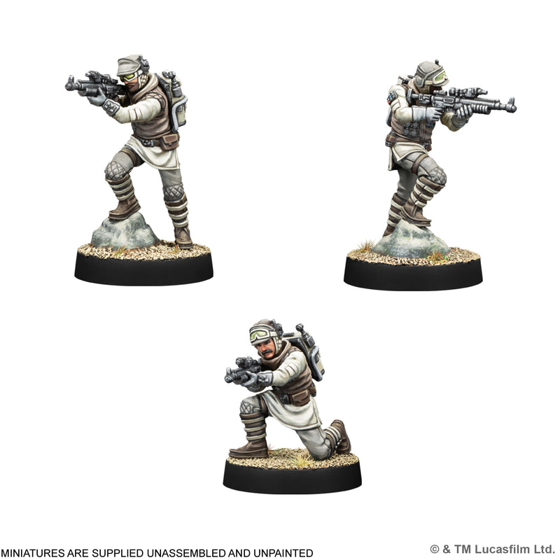 Load image into Gallery viewer, Star Wars: Legion – Rebel Veterans - three sample miniatures displayed. Note states miniatures are supplied unassembled and unpainted.
