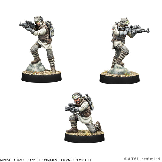 Star Wars: Legion – Rebel Veterans - three sample miniatures displayed. Note states miniatures are supplied unassembled and unpainted.