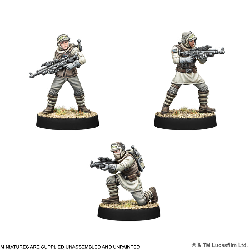 Load image into Gallery viewer, Star Wars: Legion – Rebel Veterans - three sample miniatures displayed. Note states miniatures are supplied unassembled and unpainted.
