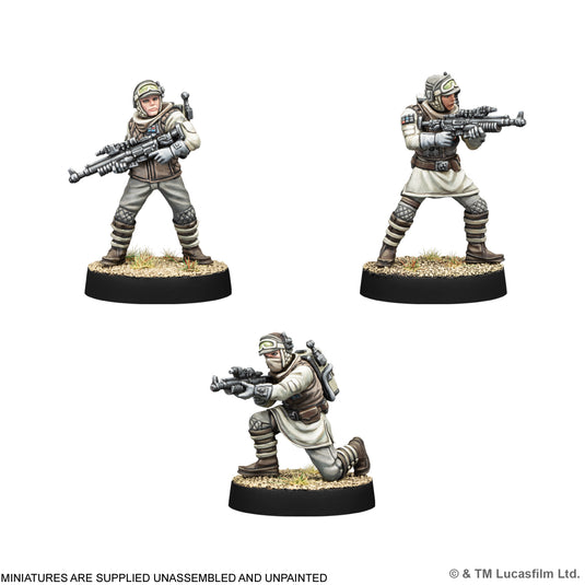 Star Wars: Legion – Rebel Veterans - three sample miniatures displayed. Note states miniatures are supplied unassembled and unpainted.