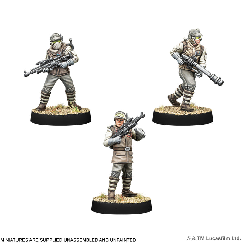 Load image into Gallery viewer, Star Wars: Legion – Rebel Veterans - three sample miniatures displayed. Note states miniatures are supplied unassembled and unpainted.
