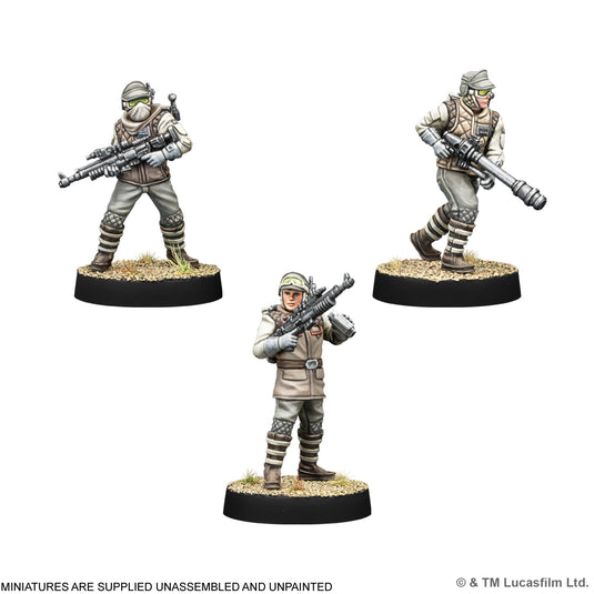 Star Wars: Legion – Rebel Veterans - three sample miniatures displayed. Note states miniatures are supplied unassembled and unpainted.