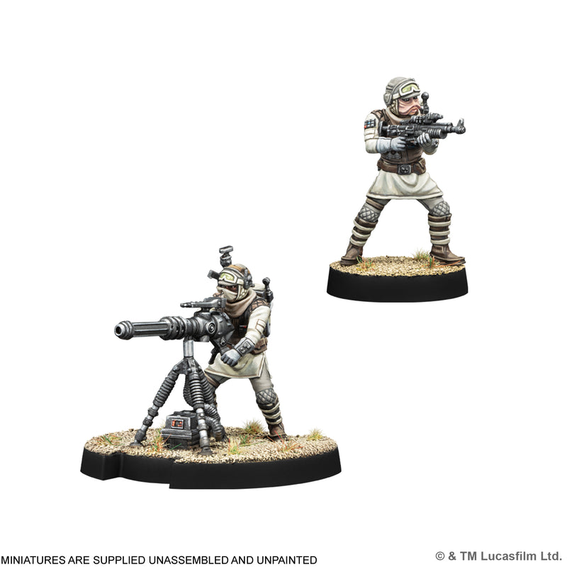 Load image into Gallery viewer, Star Wars: Legion – Rebel Veterans - two sample miniatures displayed. Note states miniatures are supplied unassembled and unpainted.
