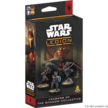 Star Wars: Legion - Leaders of the Shadow Collective - front of box featuring art of  Sith Lord Maul  and images of miniatures. 