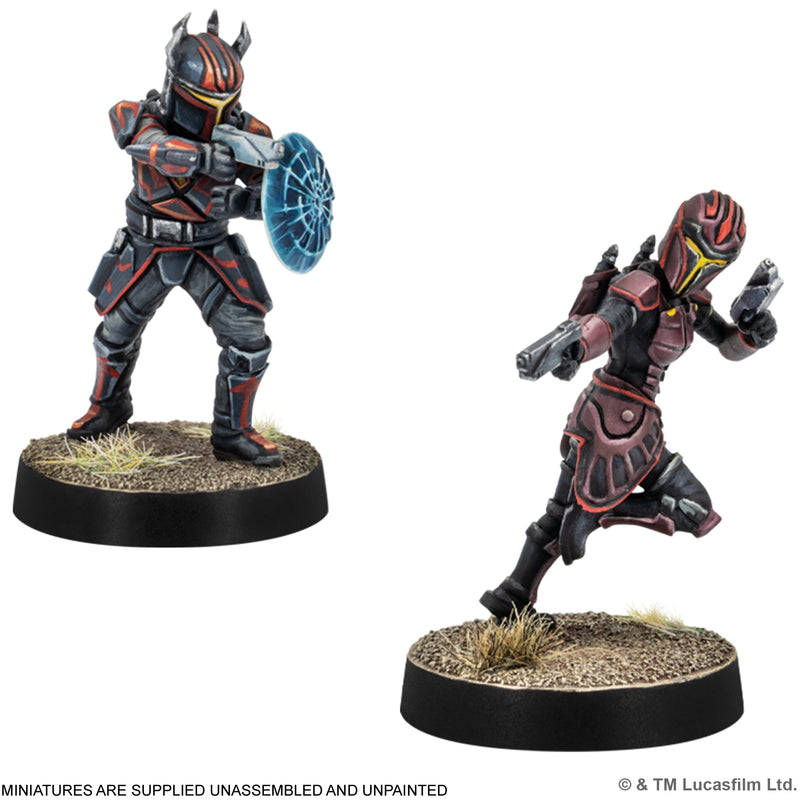 Load image into Gallery viewer, Star Wars: Legion - Leaders of the Shadow Collective - Rook Kast and Gar Saxon miniatures displayed with note that miniatures are supplied unassembled and unpainted.
