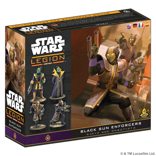 Star Wars: Legion – Black Sun Enforcers - Front of box featuring art of Black Sun Enforcers and images of miniatures. 