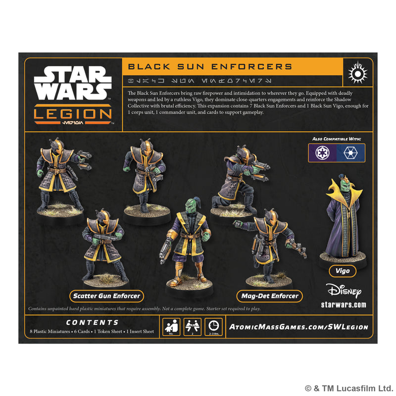 Load image into Gallery viewer, Star Wars: Legion – Black Sun Enforcers - Back of box with game description, images of miniatures, and contents list.
