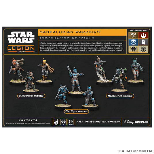 Star Wars: Legion – Mandalorian Warriors - back of box with overview, contents list, and images of included miniatures.
