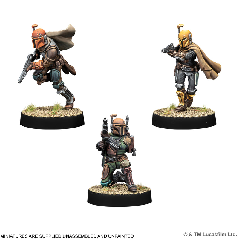 Load image into Gallery viewer, Star Wars: Legion – Mandalorian Warriors - Mandalorian Initiates miniatures displayed. Note states miniatures are supplied unassembled and unpainted.
