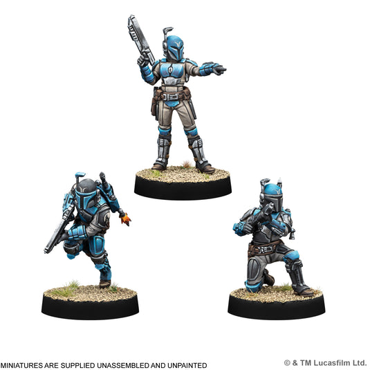 Star Wars: Legion – Mandalorian Warriors - Clan Kryze Veterans miniatures displayed. Note states miniatures are supplied unassembled and unpainted.