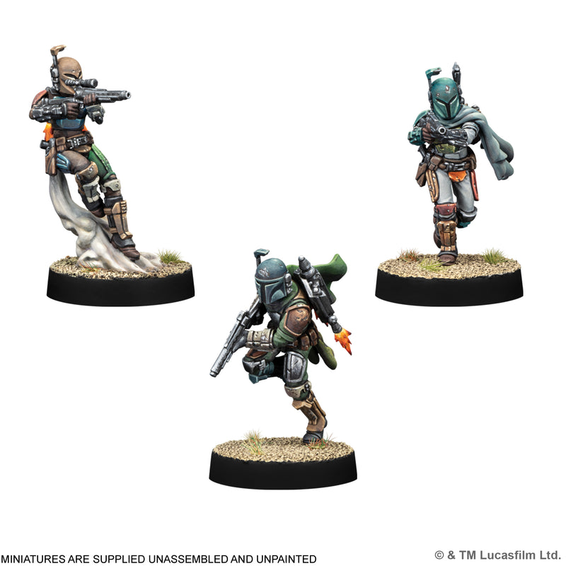 Load image into Gallery viewer, Star Wars: Legion – Mandalorian Warriors - three Mandalorian Warriors miniatures displayed. Note states miniatures are supplied unassembled and unpainted.
