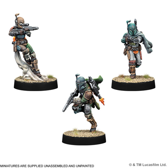 Star Wars: Legion – Mandalorian Warriors - three Mandalorian Warriors miniatures displayed. Note states miniatures are supplied unassembled and unpainted.