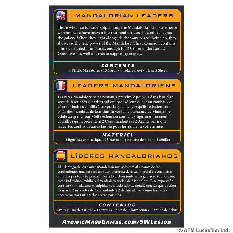 Load image into Gallery viewer, Star Wars: Legion - Mandalorian Leaders - back of box with overview in English, French, and Spanish. 
