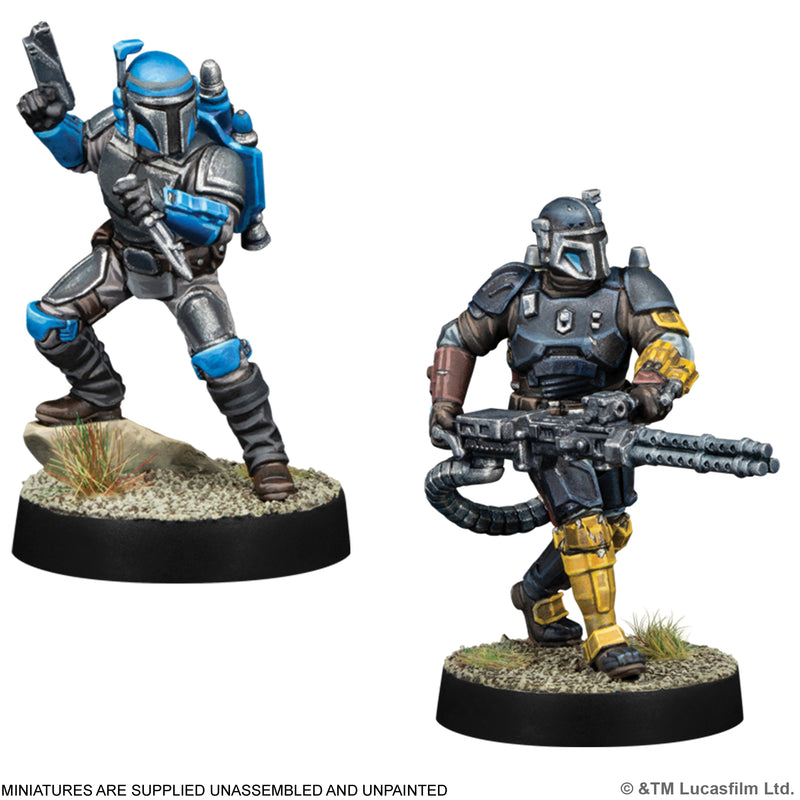 Load image into Gallery viewer, Star Wars: Legion - Mandalorian Leaders - view of miniatures of the Mandalorian characters. Note states miniatures are supplied unassembled and unpainted.
