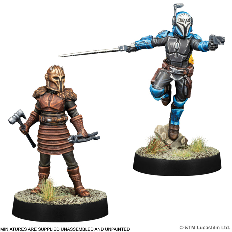 Load image into Gallery viewer, Star Wars: Legion - Mandalorian Leaders - view of miniatures of the Mandalorian characters. Note states miniatures are supplied unassembled and unpainted.
