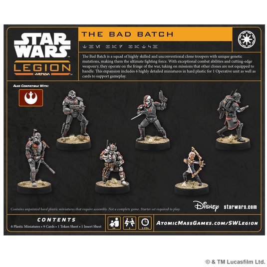 Star Wars: Legion - Bad Batch - back of box with overview, contents list, and images of included miniatures. 