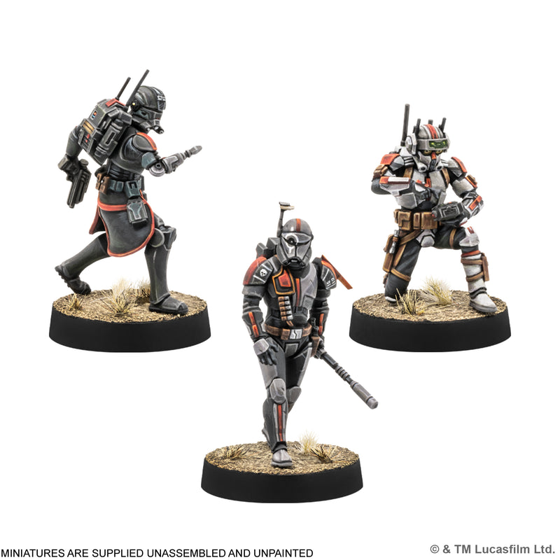 Load image into Gallery viewer, Star Wars: Legion - Bad Batch - three sample bad batch miniatures displayed. Note states miniatures are supplied unassembled and unpainted.
