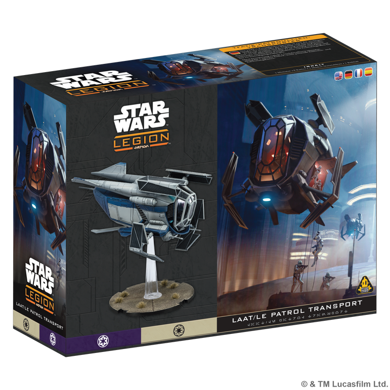 Load image into Gallery viewer, Star Wars: Legion – LAAT-le Patrol Transport - Front of box featuring art of  LAAT-le Patrol Transport and image of miniature. 
