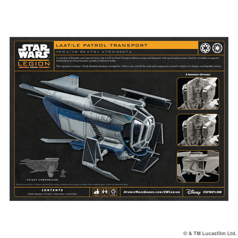 Load image into Gallery viewer, Star Wars: Legion – LAAT-le Patrol Transport - Back of packaging with description, image of miniature, and contents list. 
