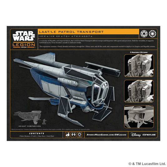 Star Wars: Legion – LAAT-le Patrol Transport - Back of packaging with description, image of miniature, and contents list. 