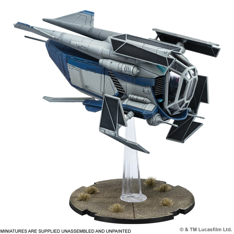 Load image into Gallery viewer, Star Wars: Legion – LAAT-le Patrol Transport - Image of miniature with note that miniatures are supplied unassembled and unpainted.
