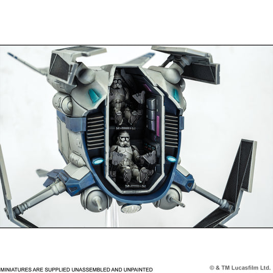 Star Wars: Legion – LAAT-le Patrol Transport - View of back of miniatures with storm troopers inside transport.