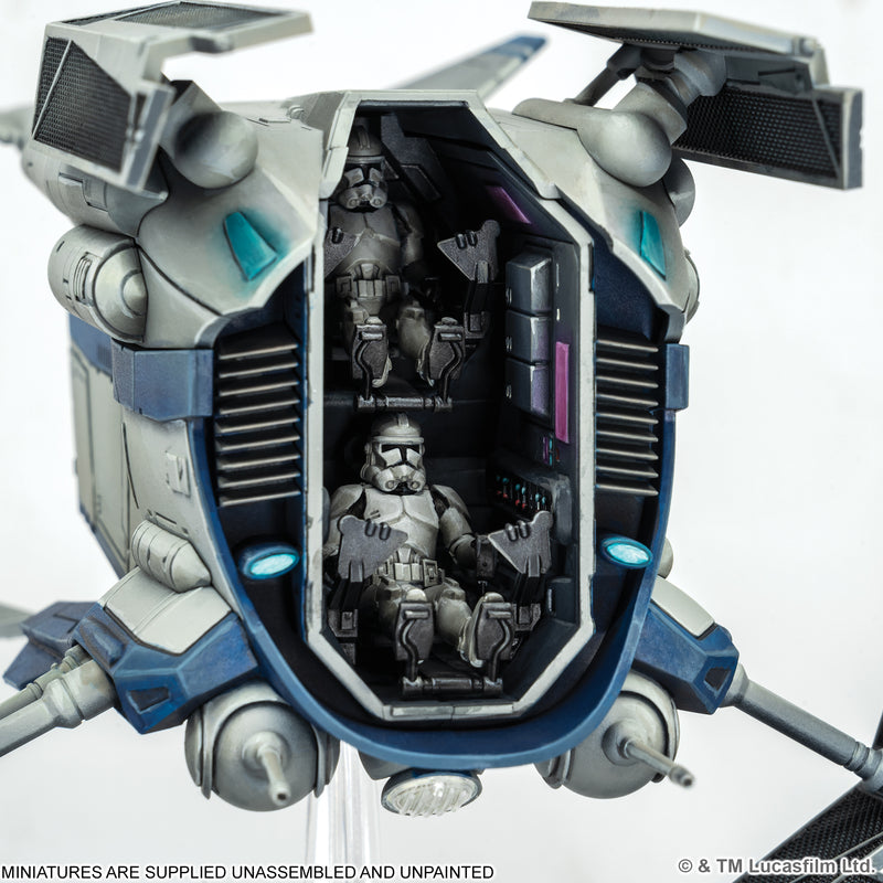 Load image into Gallery viewer, Star Wars: Legion – LAAT-le Patrol Transport - Close up view of back of miniature with stormtroopers inside.
